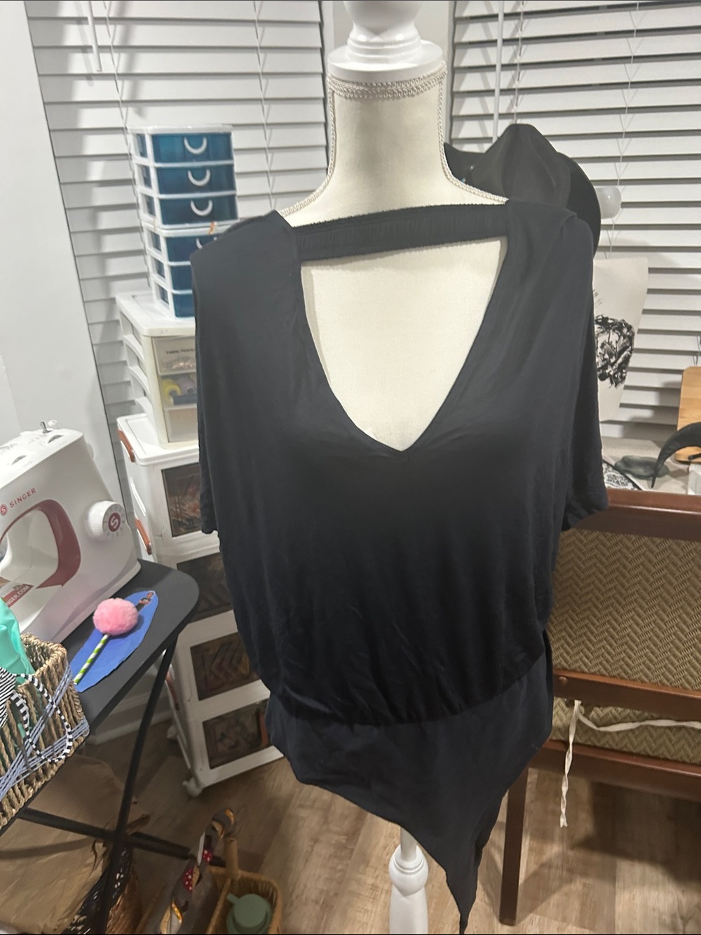 Black V-Neck Cutout Bodysuit with Strap Detail